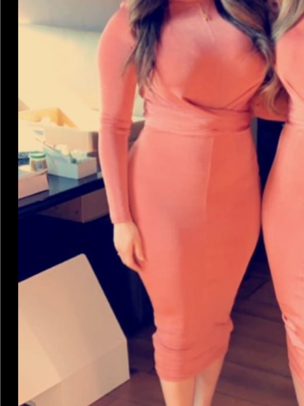 JLUXLABEL Long Sleeve Rose Pink Midi Bodycon Dress